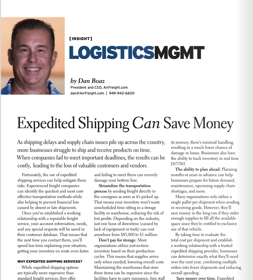 Expedited Shipping Can Save Money - Dan Boaz Explains in Inbound Logistics